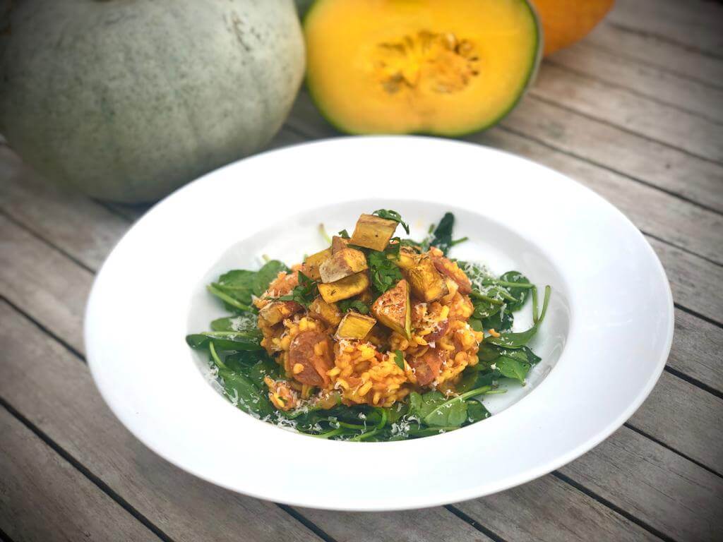 Warming Pumpkin Risotto with Chorizo and Wilted Spinach